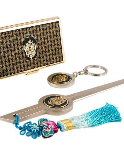 Royal Crown Design Gold Metal Business Card Case + Keyring + Letter Opener 3-Piece Set (Gold)