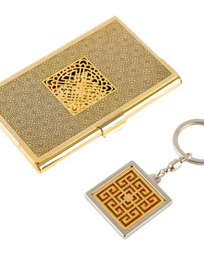 Completed Pattern Gold Metal Business Card Case + Keyring Set A (Gold)