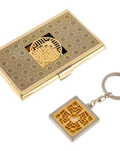 Wan-ja Pattern Metal Business Card Case + Keyring 2-Piece Set B (Black Gold)