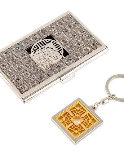 Wan-ja Pattern Metal Business Card Case + Keyring 2-Piece Set B (Black Silver)