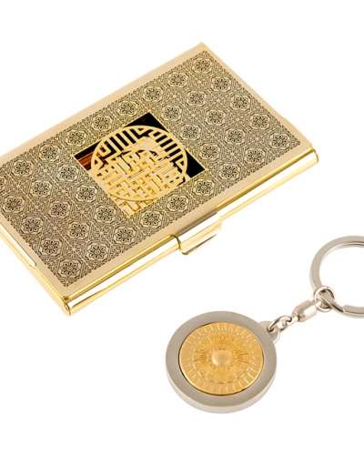 Swastika Pattern Metal Business Card Case + Lotus Pattern Keyring 2-Piece C Set (Black Gold)