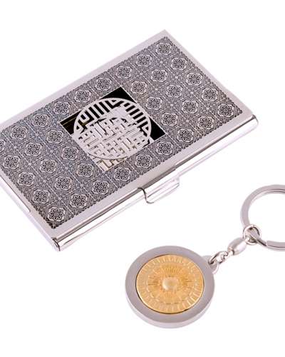 Swastika Pattern Metal Business Card Case + Lotus Pattern Keyring 2-Piece Set C (Black Silver)