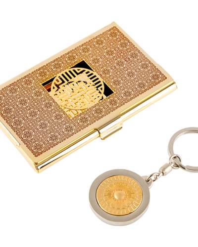 Swastika Pattern Metal Business Card Case + Lotus Pattern Keyring 2-Piece Set C (Red Gold)