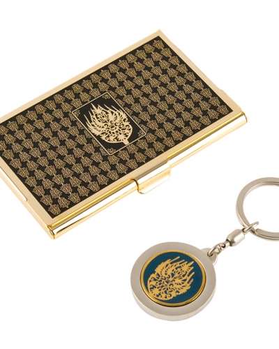 Royal Crown Design Metal Business Card Case + Keyring 2-Piece Set (Gold)