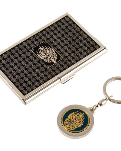 Royal Crown Pattern Metal Business Card Case + Keychain 2-Piece Set (Silver)