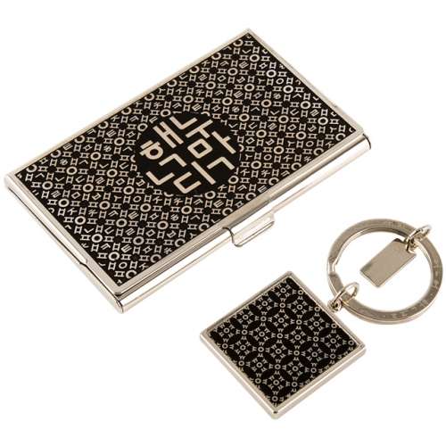 Hangul and Korea Metal Business Card Case + Keyring 2-Piece Set (Silver)