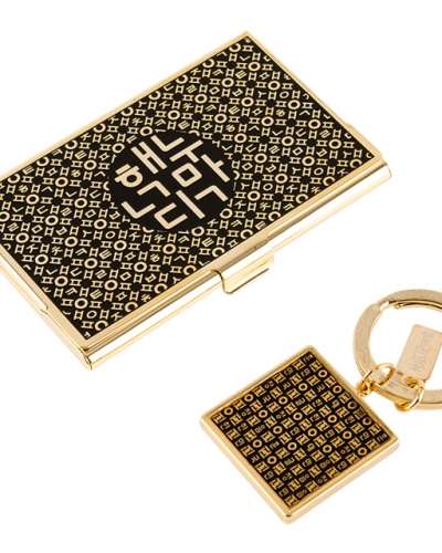 Hangul Korea Metal Business Card Case + Keyring 2-Piece Set (Gold)
