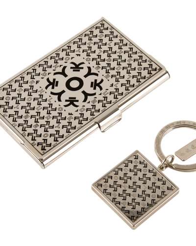 Hangul Consonant 'ㅋ' Metal Business Card Case + Keyring 2-Piece Set (Silver)