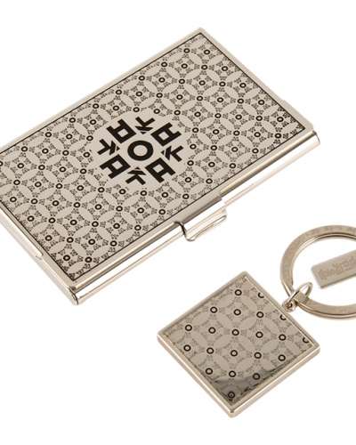 Hangul Consonant ㅇ Metal Business Card Case + Keyring 2-Piece Set (Silver)