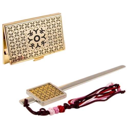 Hangul ㅋ Metal Business Card Case + Letter Opener 2-Piece Set (Gold)