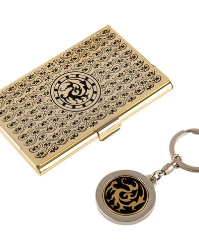 Three-Legged Crow Metal Business Card Case + Keyring 2-Piece Set (Black Gold)