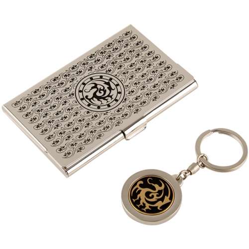 Three-Legged Bird Metal Business Card Case + Keyring 2-Piece Set (Black Silver)