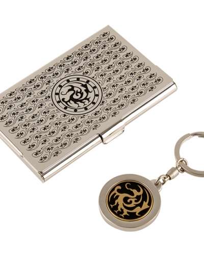 Three-Legged Bird Metal Business Card Case + Keyring 2-Piece Set (Black Silver)