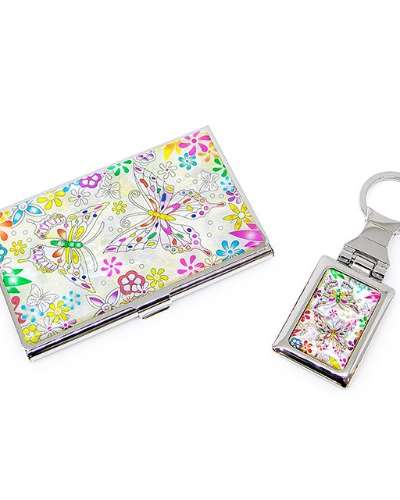 Premium Mother-of-Pearl Business Card Case and Keyring 2-Piece Set (025 - Flower Butterfly 1 White)