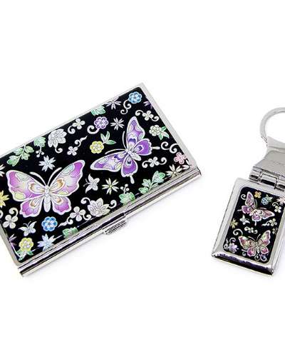 Premium Mother-of-Pearl Business Card Case and Keyring 2-Piece Set (026-Flower Butterfly2)