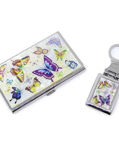 Premium Mother-of-Pearl Business Card Case and Keyring 2-Piece Set (029-Butterfly White)