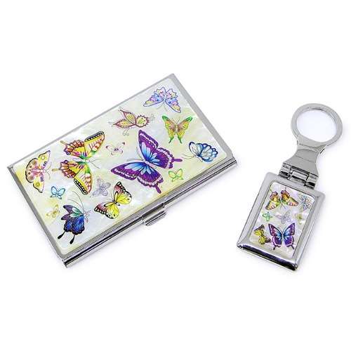 Premium Mother-of-Pearl Business Card Case and Keyring 2-Piece Set (029-Butterfly White)