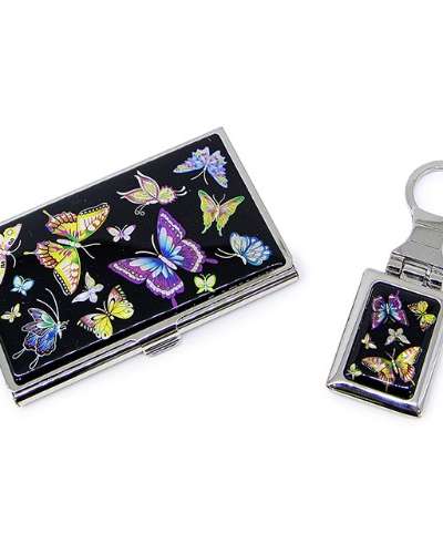 Premium Mother-of-Pearl Business Card Case and Keyring 2-Piece Set (029-Black Butterfly)