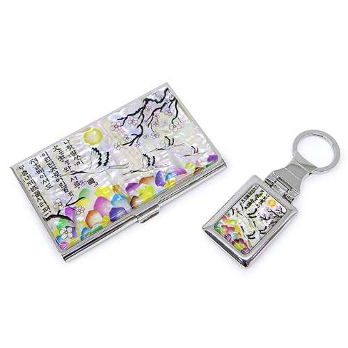 Premium Mother-of-Pearl Business Card Case and Keyring 2-Piece Set (034-Plum and Crane White)