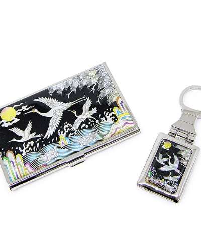 Premium Mother-of-Pearl Business Card Case and Keyring 2-Piece Set (035-Wave Crane)