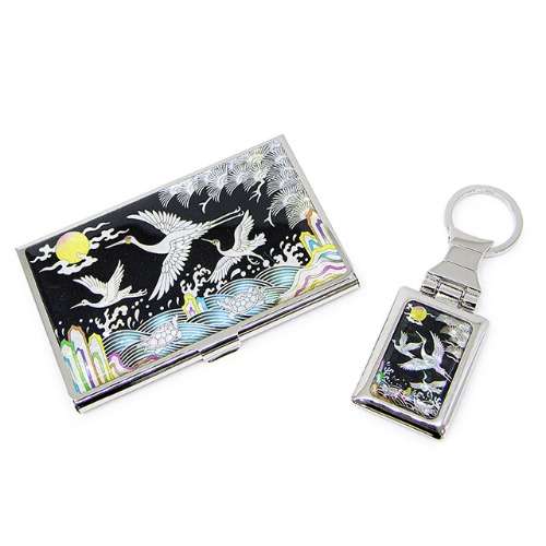 Premium Mother-of-Pearl Business Card Case and Keyring 2-Piece Set (035-Wave Crane)