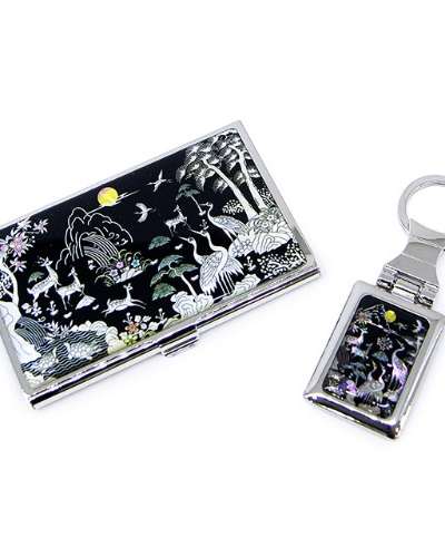 7-Premium Mother-of-Pearl Business Card Case and Keyring 2-Piece Set (037-Ten Symbols of Longevity)