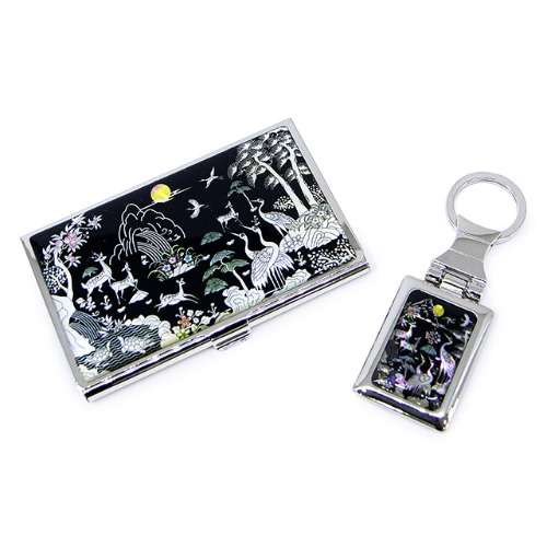 7-Premium Mother-of-Pearl Business Card Case and Keyring 2-Piece Set (037-Ten Symbols of Longevity)