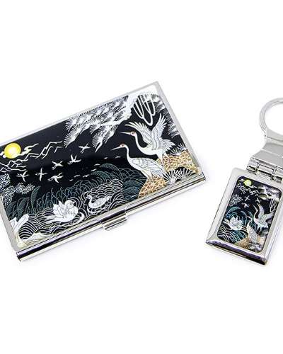 Premium Mother-of-Pearl Business Card Case & Keyring 2-Piece Set (041-Mandarin Duck and Cranes)