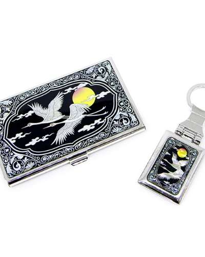 Premium Nacre Business Card Case and Keyring 2-Piece Set (039-Cloud and Crane)