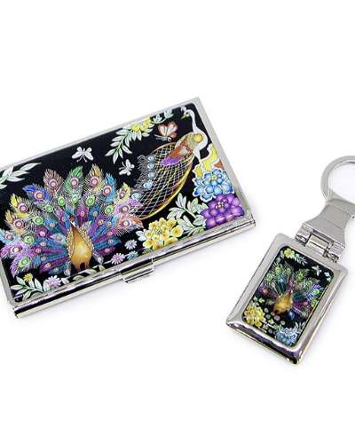 Premium Mother-of-Pearl Business Card Case & Keyring Set (055-Peacock)