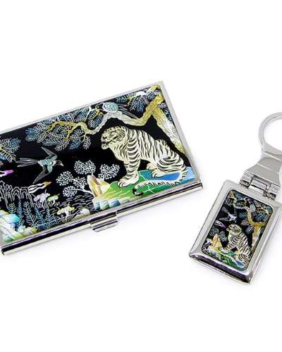 Premium Mother-of-Pearl Business Card Case & Keyring Set - Magpie and Tiger (058)