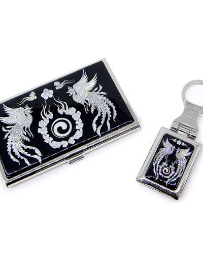 Premium Mother-of-Pearl Business Card Case and Keyring 2-Piece Set (072-Phoenix)