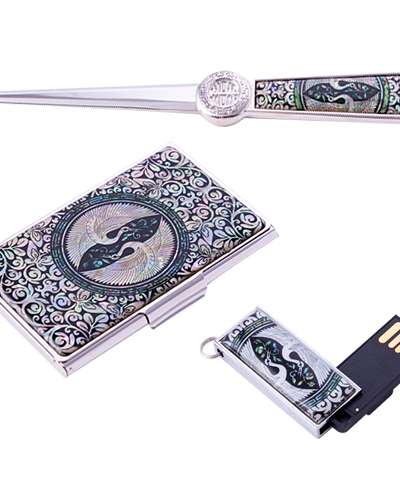 Mother-of-Pearl Business Set with Business Card Case + Card Holder + USB 8GB (01_Double Cranes)