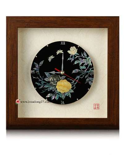 Premium Mother-of-Pearl Inlay Wooden Frame Round Clock (Large) - Peony