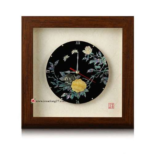 Premium Mother-of-Pearl Inlay Wooden Frame Round Clock (Large) - Peony