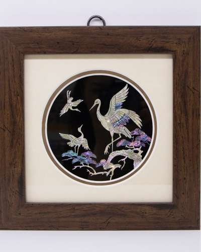 Premium Mother-of-Pearl Lacquerware Wall-Mounted Shell Inlay Frame Mini Frame One Panel Frame - Crane and Pine (Small)