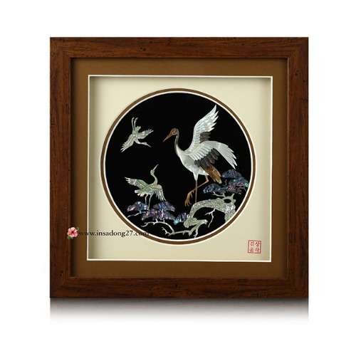 Premium Mother-of-Pearl Round Plate Wooden Frame (Large) - Pine and Crane