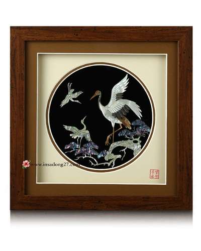 Premium Mother-of-Pearl Round Plate Wooden Frame (Large) - Pine and Crane