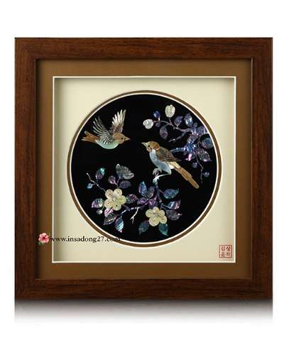 Premium Mother-of-Pearl Round Panel Wood Frame (Large) - Plum Blossoms and Birds