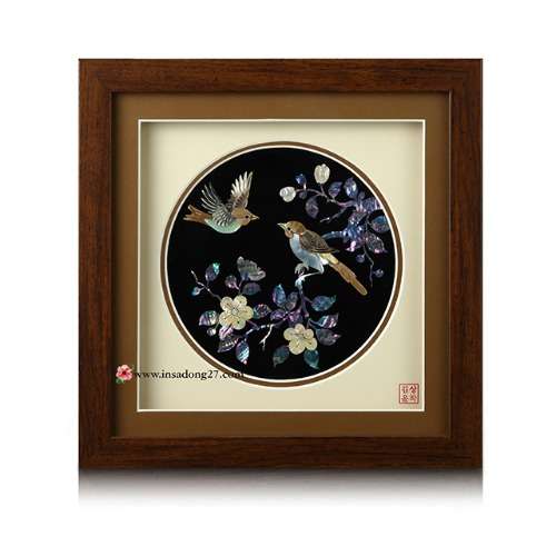 Premium Mother-of-Pearl Round Panel Wood Frame (Large) - Plum Blossoms and Birds