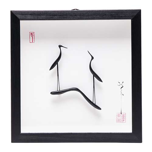 Pair of Cranes Ebony Wood Craft Frame (Medium) - Work by Lee Dong-pil