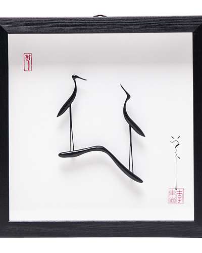 Pair of Cranes Ebony Wood Craft Frame (Medium) - Work by Lee Dong-pil