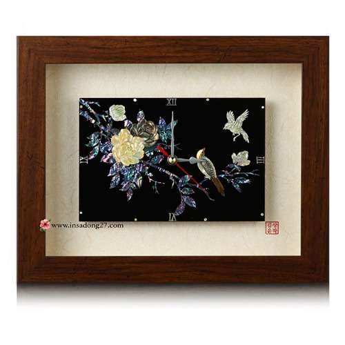 Premium Mother-of-Pearl Inlay Wooden Frame Square Clock (Extra Large) - Peony and Bird
