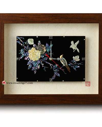 Premium Mother-of-Pearl Inlay Wooden Frame Square Clock (Extra Large) - Peony and Bird
