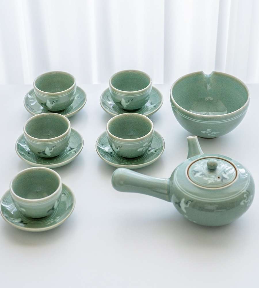 Celadon Cloud and Crane Pattern Tea Set for 5 with Stand