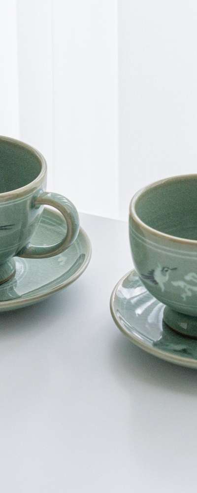 Celadon Cloud and Crane Coffee Cup Set for Two by Kim Young-soo Doseong