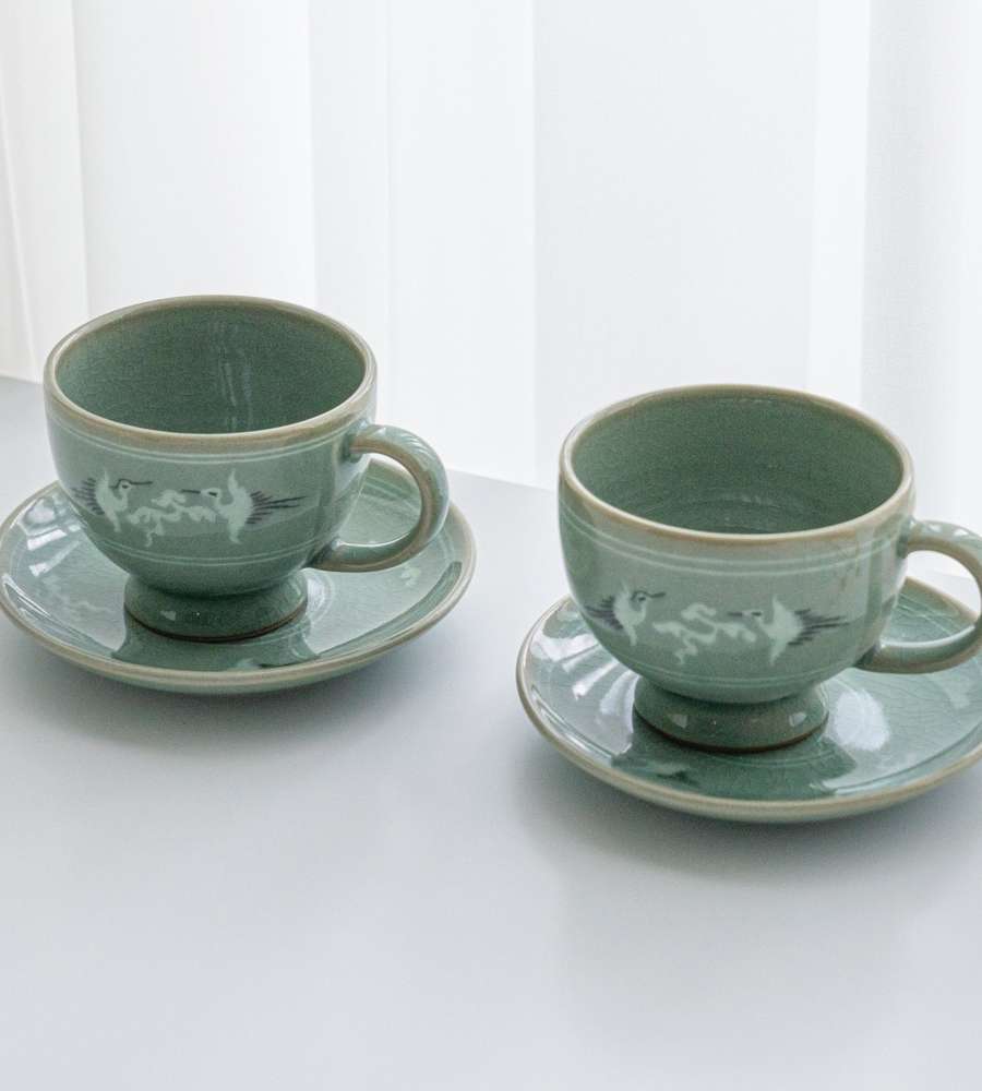 Celadon Cloud and Crane Coffee Cup Set for Two by Kim Young-soo Doseong