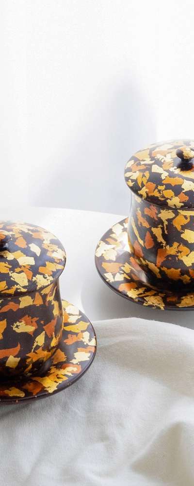 Premium Domestic Lacquer Gold-Inlay Traditional Tea Cup Set for Two