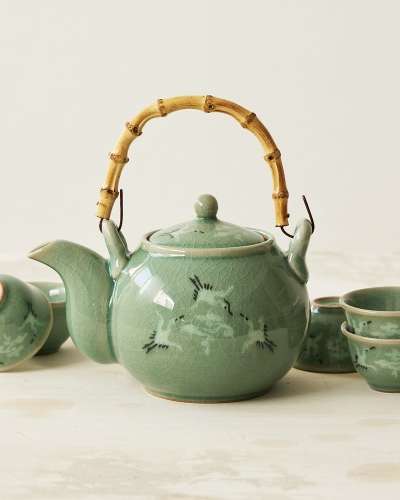 Celadon Cloud and Crane Teapot with Bamboo Handle and 5-Cup Set