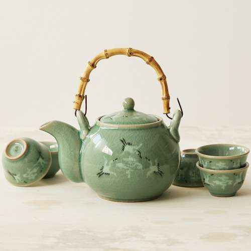 Celadon Cloud and Crane Teapot with Bamboo Handle and 5-Cup Set